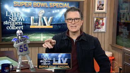 Stephen Colbert hosts a Super Bowl party