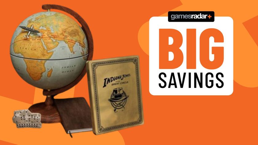 Image of the Indiana Jones and the Great Circle globe, journal and steelbook sitting on an orange GamesRadar+ background.