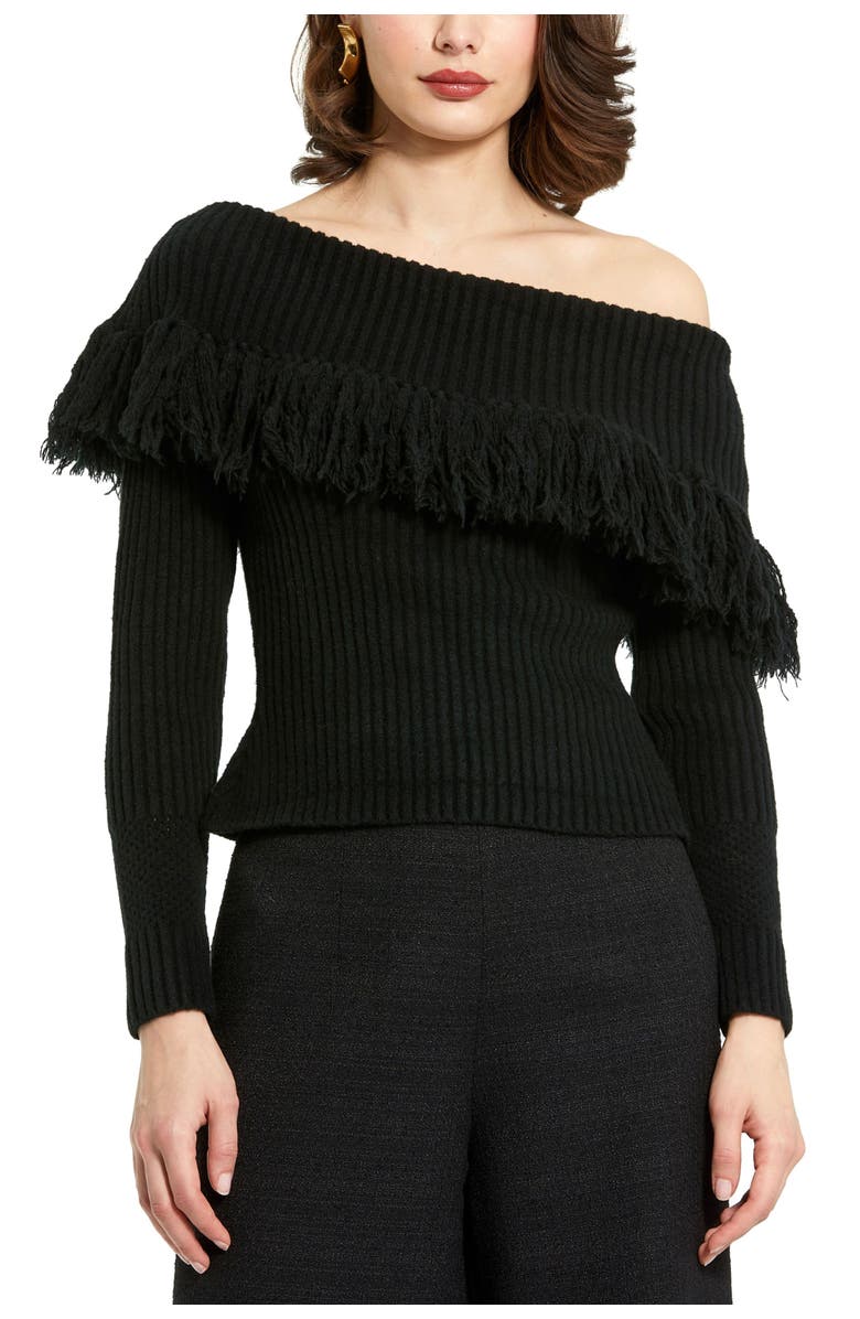 Off the Shoulder Long Sleeve Fringe Knit Sweater