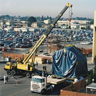 The aft fuselage is being prepared for shipment at the Rockwell Downey facility to be delivered to Rockwell Palmdale facility on December 12, 1989.