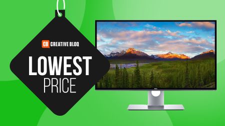 The Dell 8K monitor on a green background, next to the text, 'Lowest price'. 