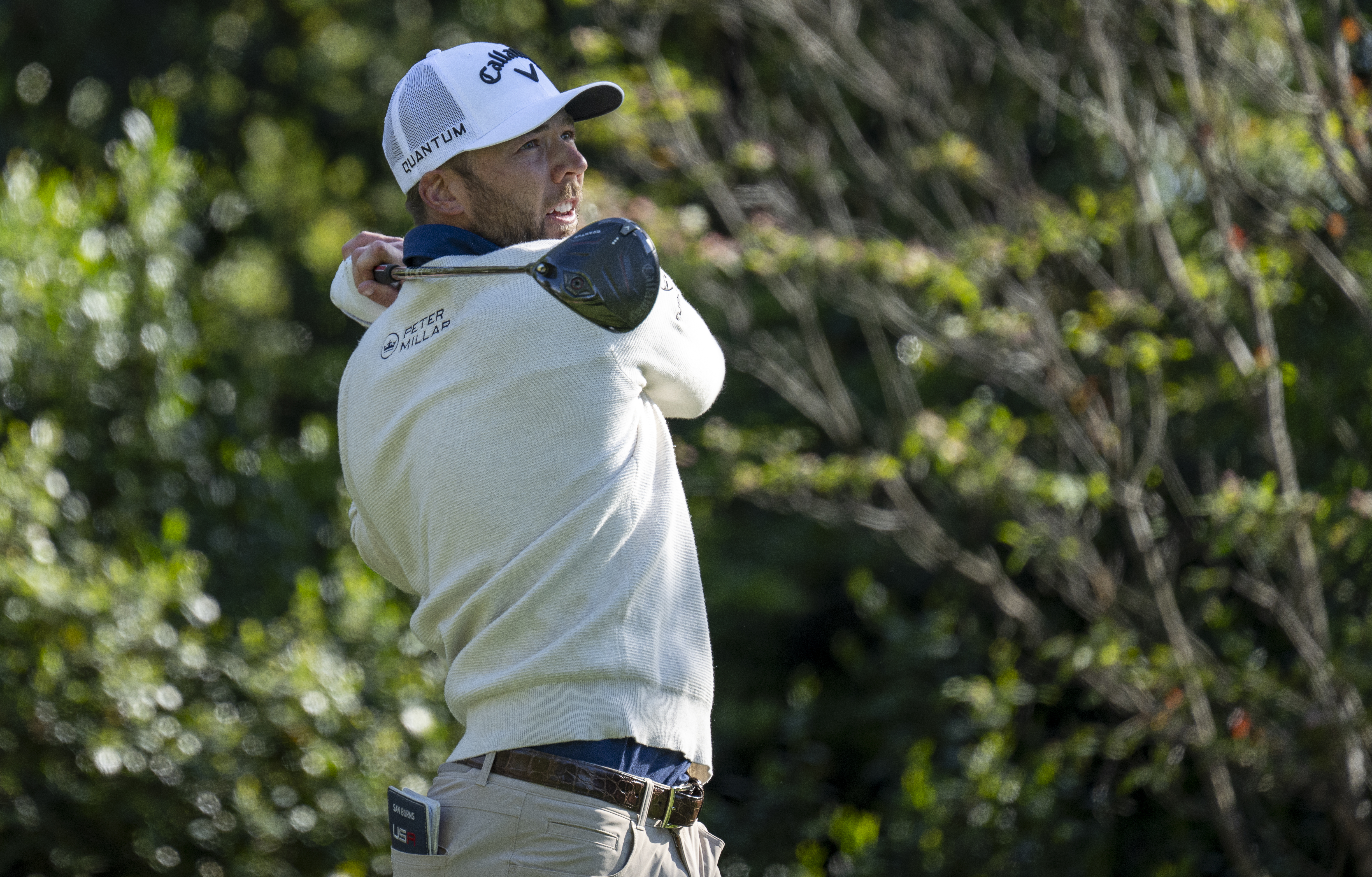 Sam Burns plays a stroke from the No. 2 tee during the first round of the Masters at Augusta National Golf Club