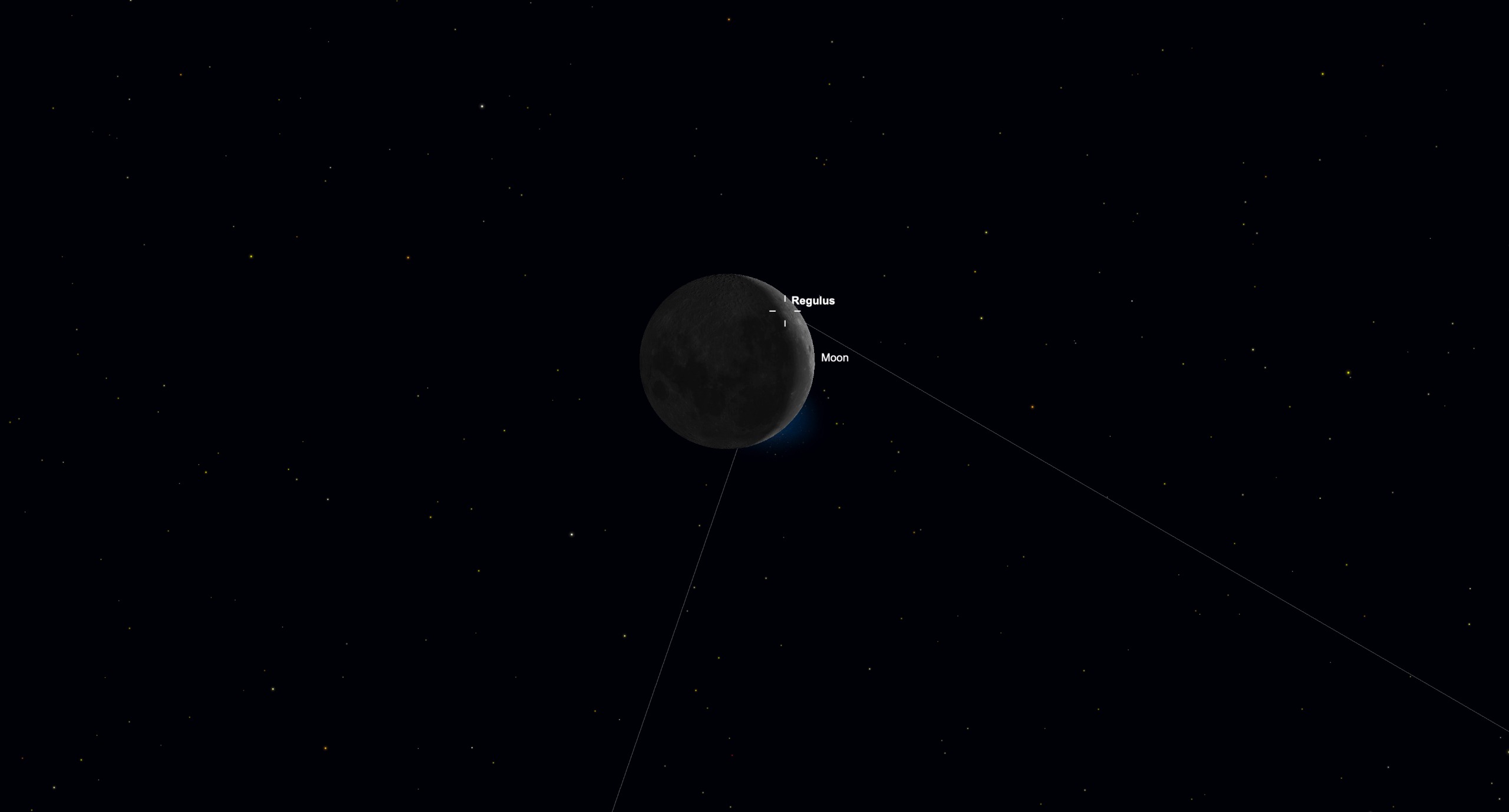 Starry Night simulation showing Regulus extremely close to the illuminated edge of a thin waning crescent moon on Oct. 7.