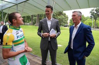 Australian champion Simon Gerrans (Orica-GreenEdge) with Cycling Australia CEO Nick Green and race director Scott Sunderland in Ballarat