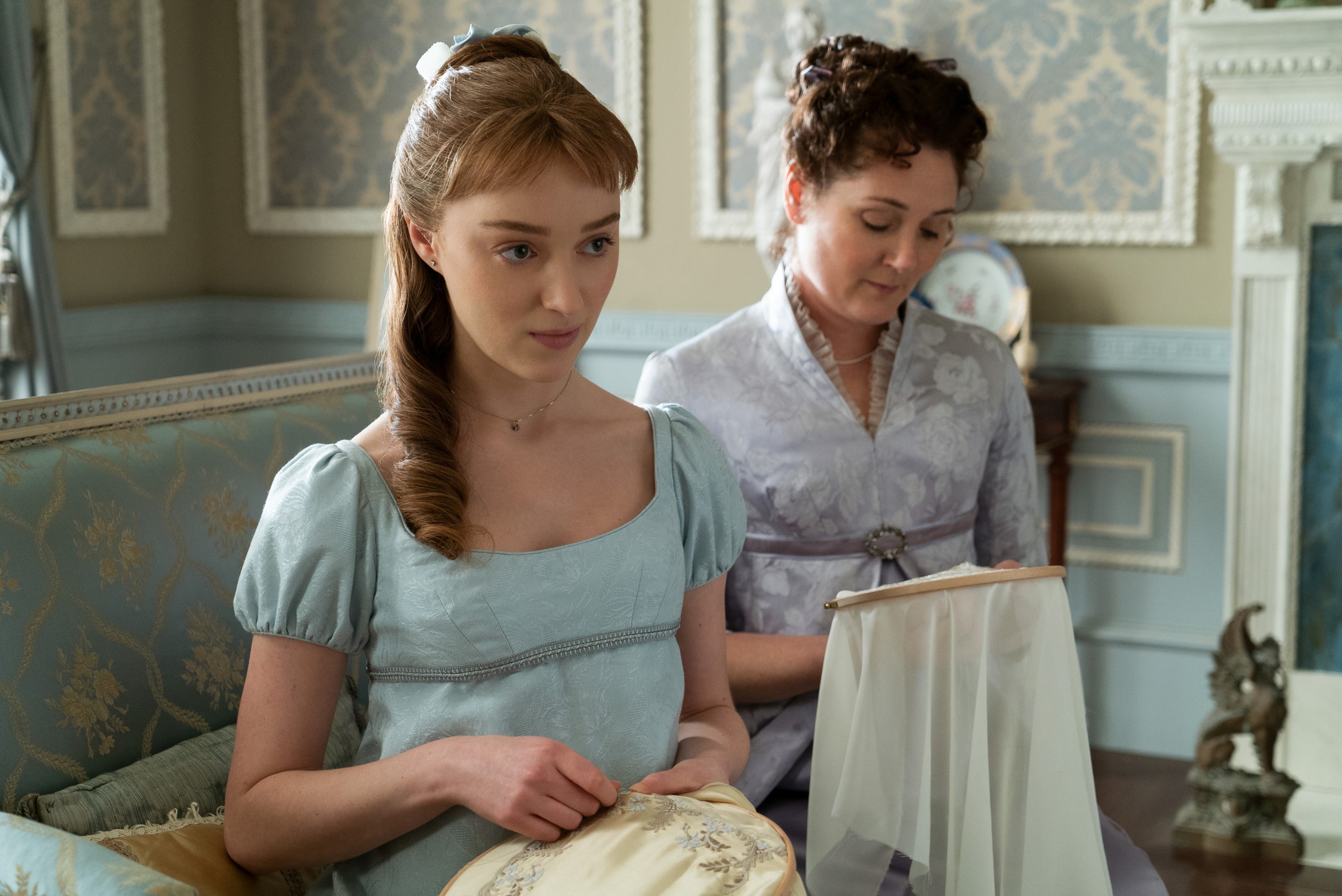 BRIDGERTON, from left: Phoebe Dynevor, Ruth Gemmell, &lsquo;Diamond of the First Water', (Season 1, ep. 101, aired Dec. 25, 2020).