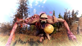 Fallout 76 screenshot showing an irradiated mutant man-like creature screeching, its sharp canine teeth showing