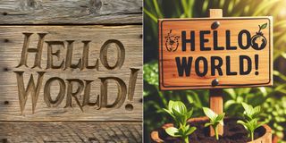 AI generated image comparison showing simple word recreation. Left image created by Imagen 2 shows a photorealistic image of the words 'Hello World!' carved into a wooden sign. The right image, generated by Dall.E 3, has a more rendered feel, more vivid and colorful, showcasing a sign that says 'Hello World!' that is planted in a pot next to sprouting plants.