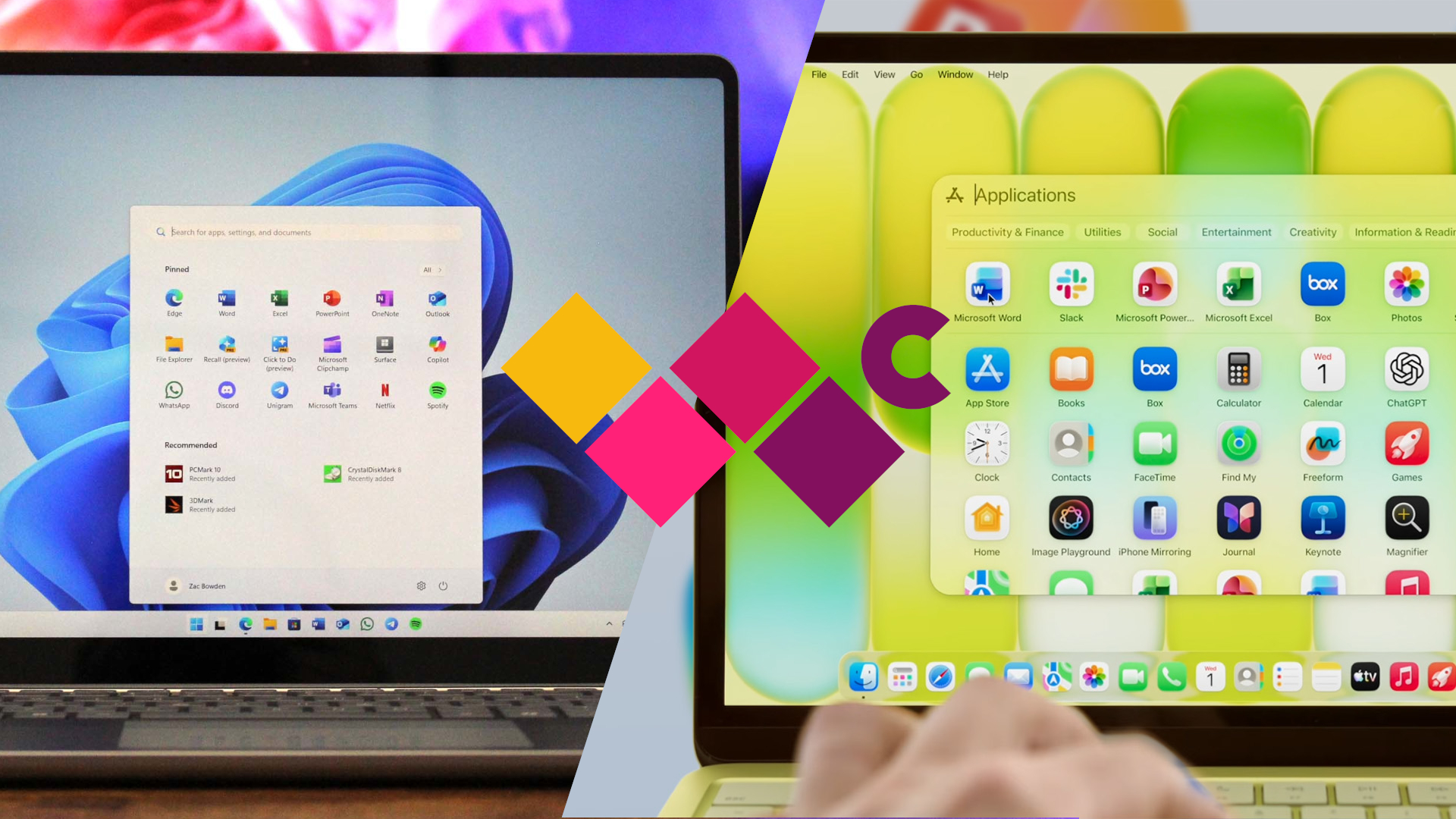 Split image of two laptops: the left shows a Windows interface with a blue abstract background, and the right displays a colorful app grid on macOS.