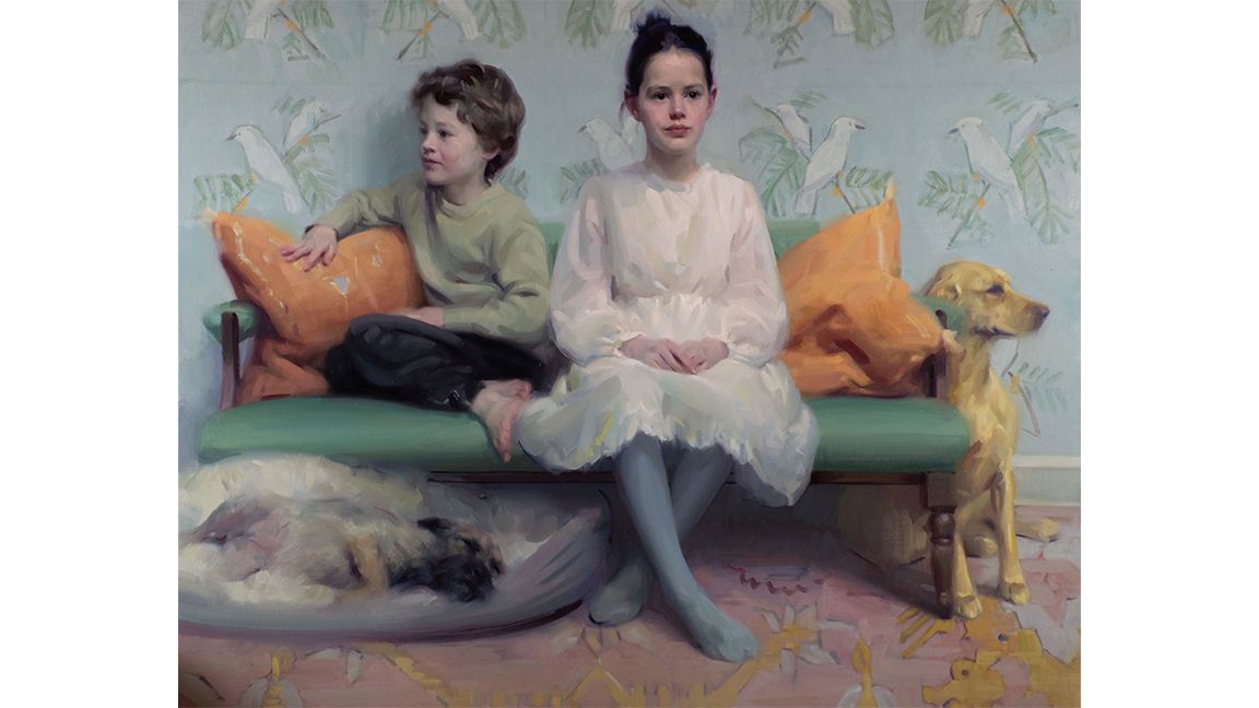 portrait painters; two children sit on a bench with a dog
