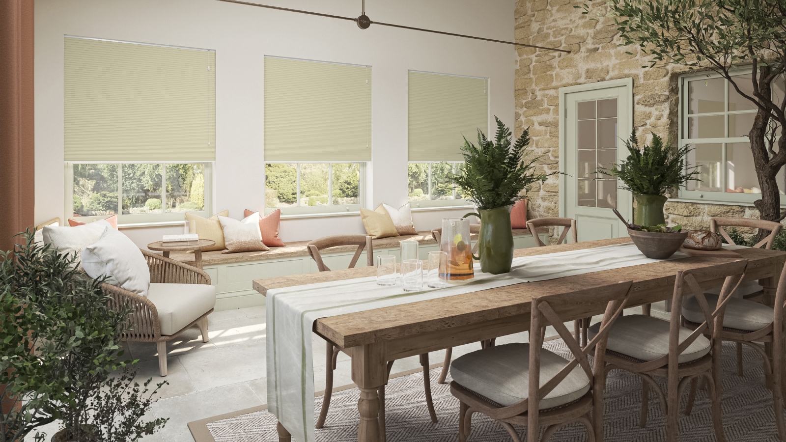 dining room with green blinds at window, long wooden dining table and chairs plus a window seat