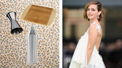 A mix of bar cart accessories on a floral background next to a photo of Emma Watson