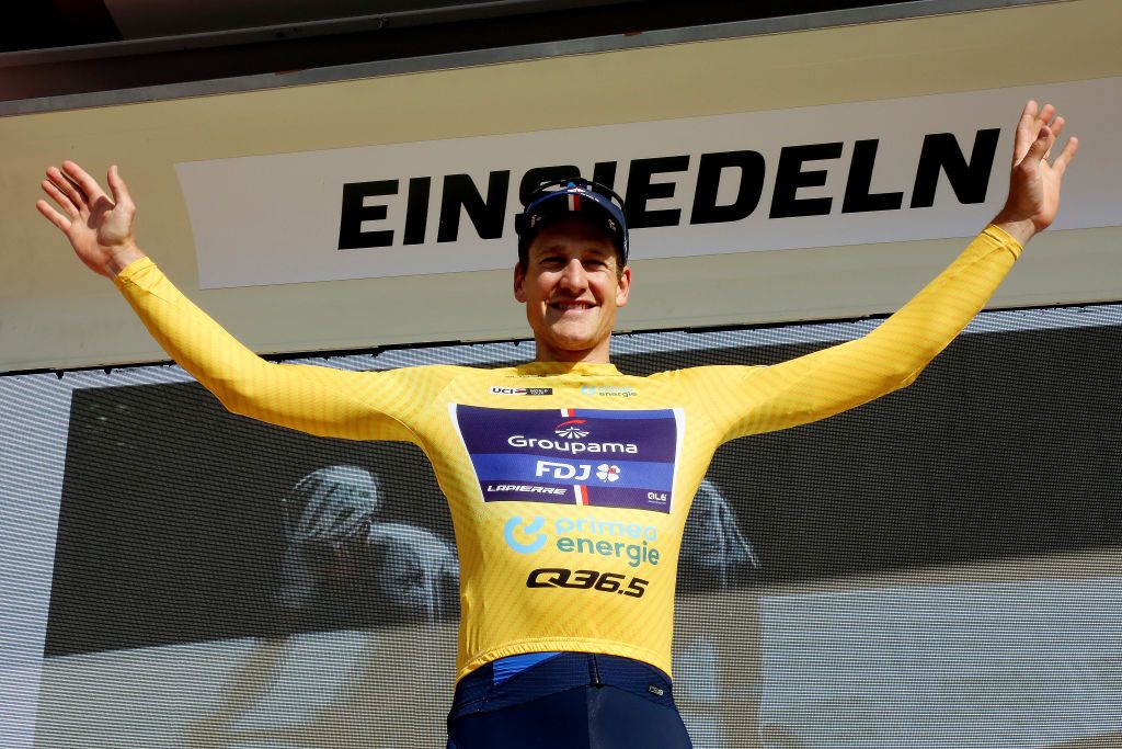 Winner of stage 1, Stefan K&uuml;ng (Groupama-FDJ takes the first Yellow leader jersey of Tour de Suisse 2023