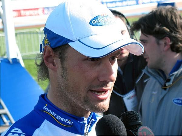 Tom Boonen talks with the press after his second victory in Paris-Roubaix