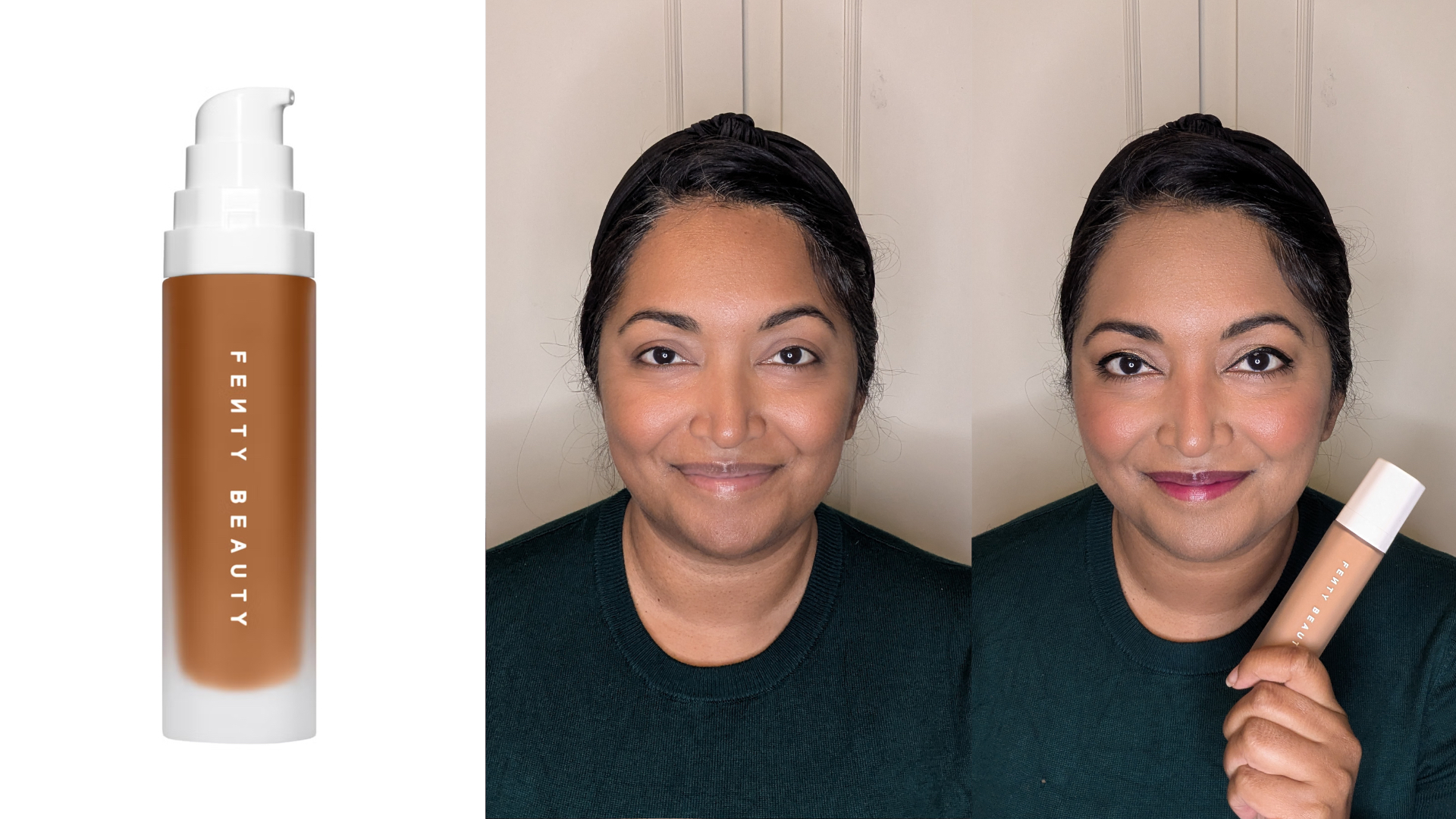 Collage of the Fenty Beauty Soft'Lit Naturally Luminous Foundation (left) and Ayesha before and after applying the foundation (centre and right)