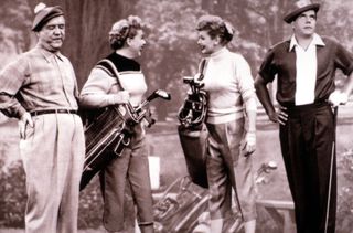 a still from I Love Lucy of two couples golfing together