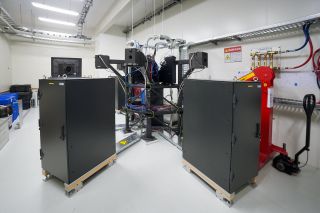 Image showing the room where the light beams coming from the four Very Large Telescope "unit telescopes" are brought together and fed into fibers, which in turn deliver the light to the ESPRESSO spectrograph itself in another room. One of the points where the light enters the room appears at the back of this picture.