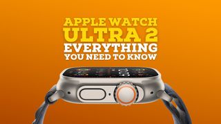 Apple Watch Ultra 2 on orange background with yellow text