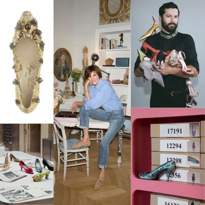 a collage of archival roger vivier shoes and ines de la fressange and gherardo felloni