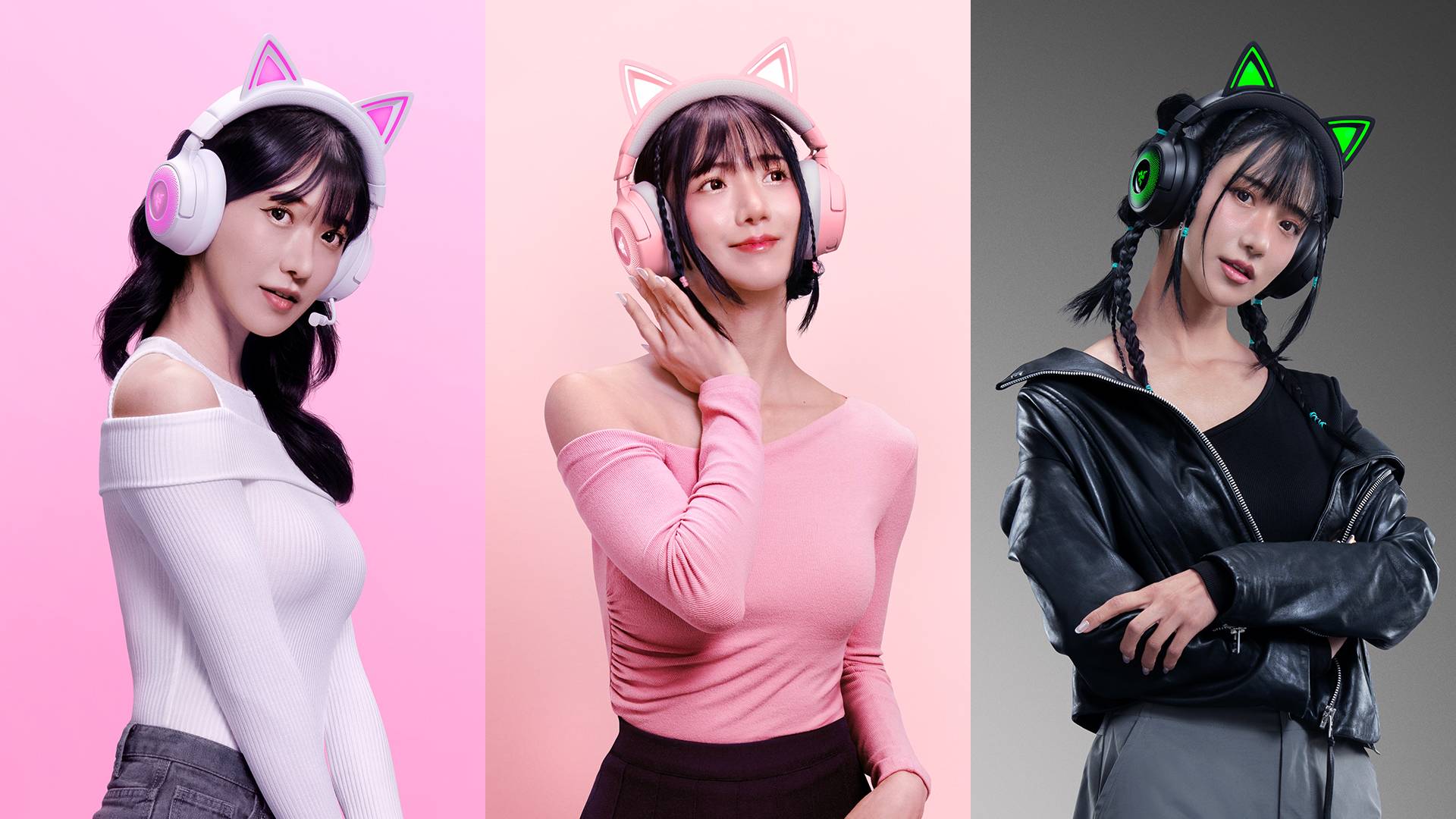 Promotional image of a model wearing the Razer Kraken Kitty V3 Pro headset in its quartz, white and black colorways.