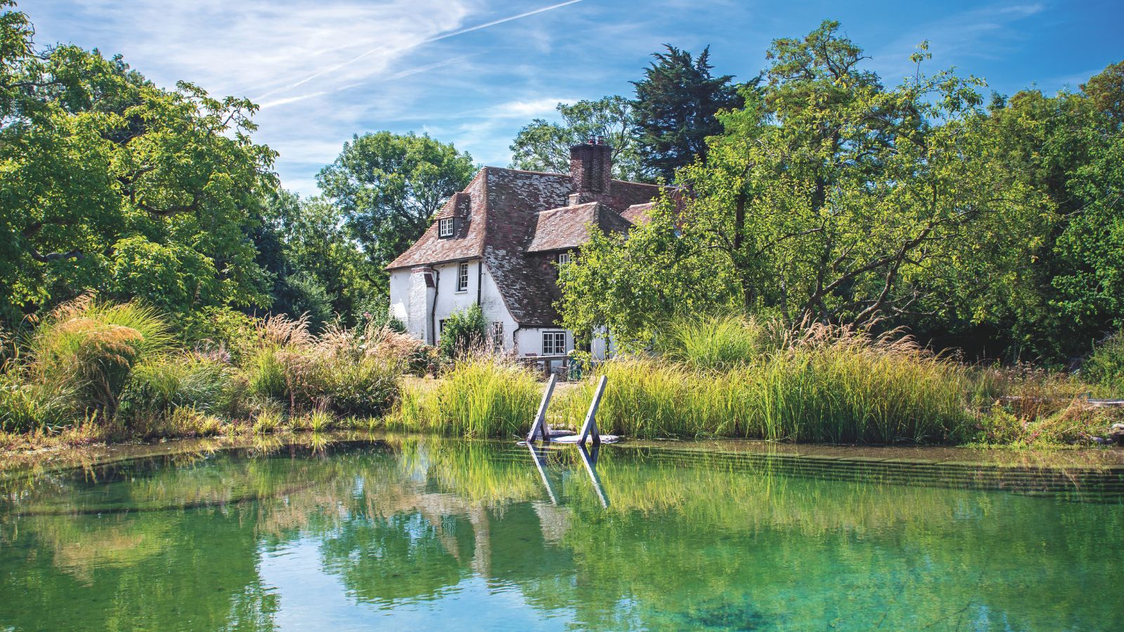 Charming country cottage with a natural swimming pool in the foreground, surrounded by tall grasses and lush greenery on a bright summer’s day.