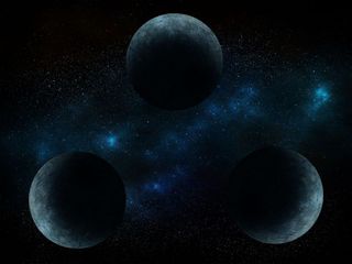 three body problem illustrated by three planets in a triangle in space