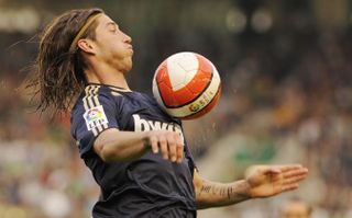 Sergio Ramos in action for Real Madrid against Racing Santander in 2008.