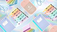 Highlighters, notebooks, scissors, sticky notes, and hand sanitizer spray on holographic background