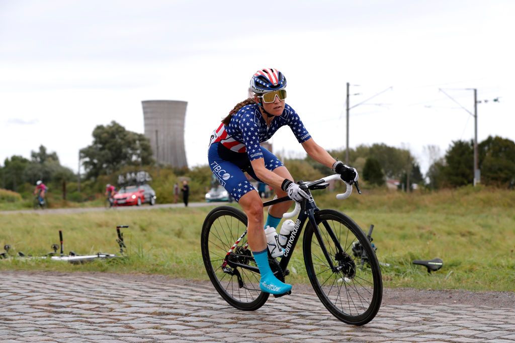 ROUBAIX FRANCE OCTOBER 02 Lauren Stephens of United States and Team TIBCO Silicon Valley Bank competes through Hornaing Wandignies cobblestones sector during the 1st ParisRoubaix 2021 Womens Elite a 1164km race from Denain to Roubaix ParisRoubaixFemmes ParisRoubaix on October 02 2021 in Roubaix France Photo by Bas CzerwinskiGetty Images
