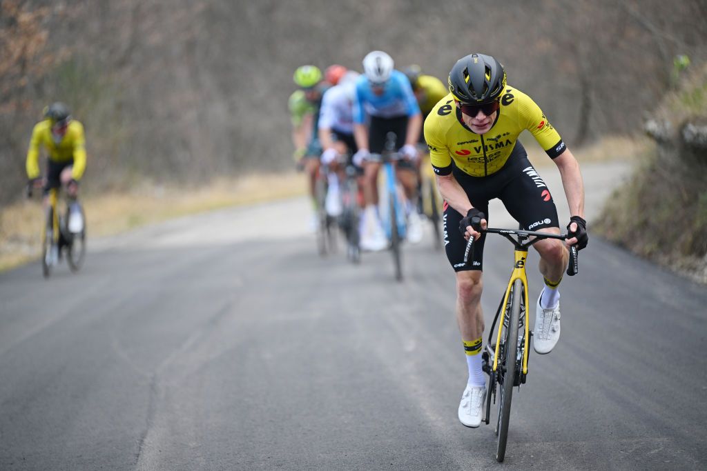 VALLE CASTELLANA ITALY MARCH 08 Jonas Vingegaard Hansen of Denmark and Team VismaLease A Bike attacks in the breakaway during the 59th TirrenoAdriatico 2024 Stage 5 a 144km stage from Torricella Sicura to Valle Castellana 615m UCIWT on March 08 2024 in Valle Castellana Italy Photo by Tim de WaeleGetty Images
