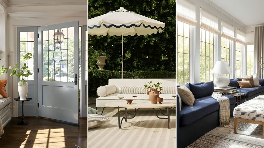 light and bright entryway with a pale blue front door and bench seat / Patio with striped rug and white sofa and sun umbrella / sunroom with large windows and a navy couch