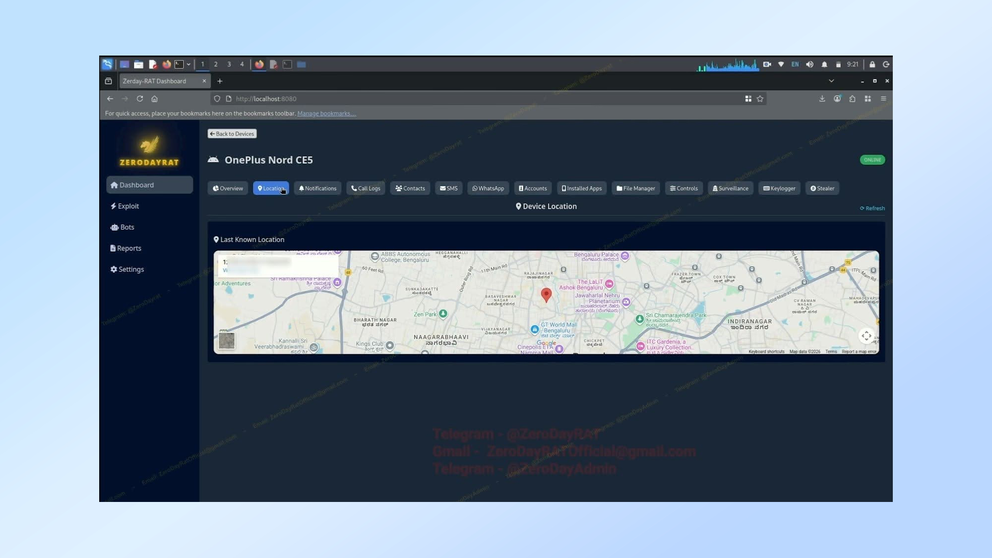 A screenshot of the ZeroDayRAT malware's dashboard showing an infected phone's location in real time