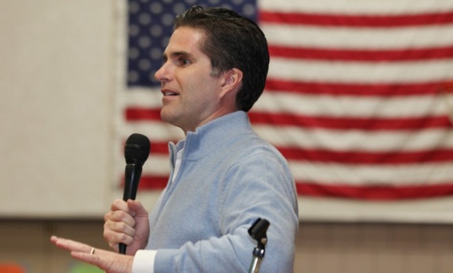 Tagg Romney speaking on behalf of his father in Augusta, Maine, on Feb. 4, 2012.