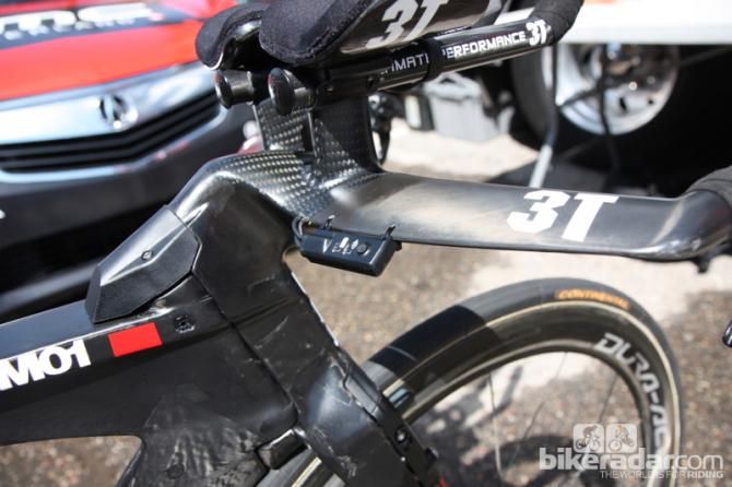The custom 3T bar is drilled to hold the Di2 interface