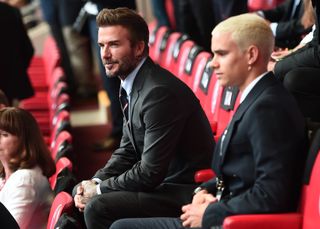 David Beckham and son Romeo watch England play Germany at Wembley in 2021.