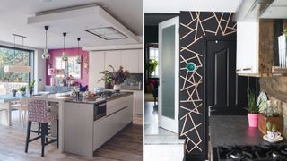 two images of kitchens showing feature walls, one painted in a rich berry color the other with a striking black and gold wallpaper to show how to make a kitchen look expensive o n a budget