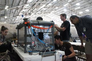 The UCSD students practice running their experiment in NASA's hanger at Ellington Field in Houston on April 9, 2014.
