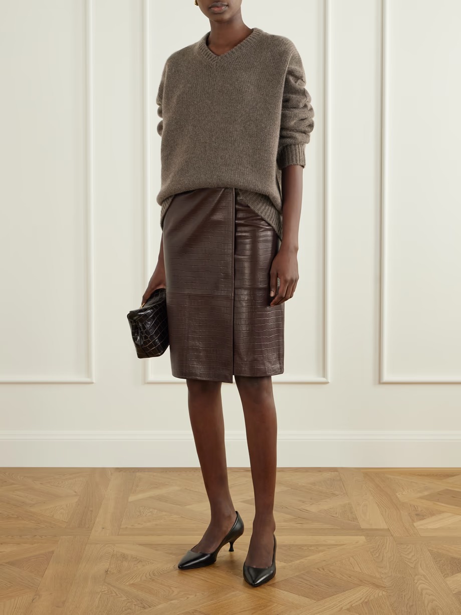 Nour Hammour, Origami Croc-Effect Leather Midi Wrap Skirt