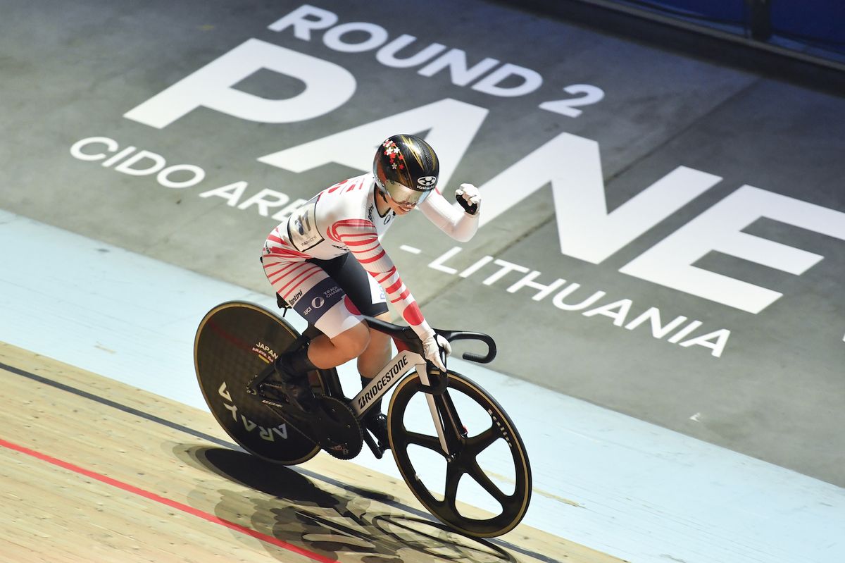 Picture by Will Palmer/SWpix.com - 27/11/2021 - Cycling - UCI Track Champions League Round 2 - Lithuania / Cido Arena, Panev&Auml;&Aring;&frac34;ys, Lithuania - Japan's Riyu Ohta celebrates victory in her women's Keirin heat.