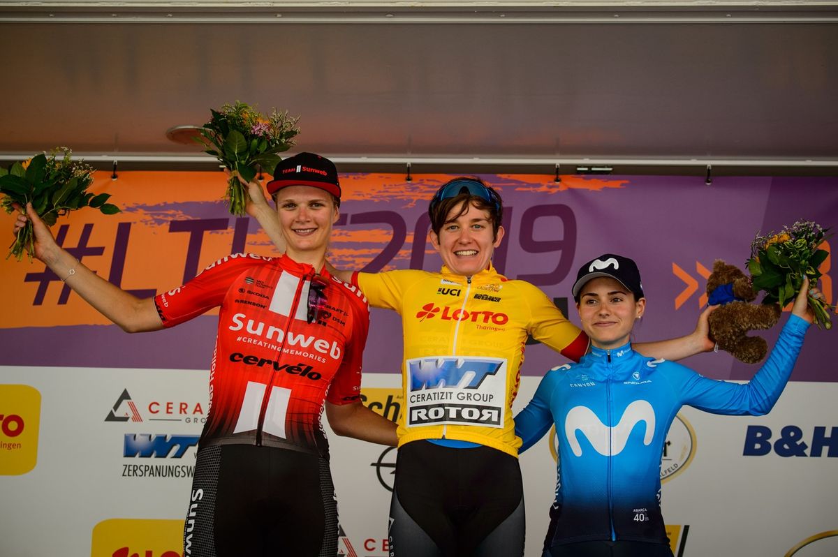 Pernille Mathiesen, Kathrin Hammes and Lourdes Oyarbide Jimenez on the final podium in the Thuringen Lotto Tour