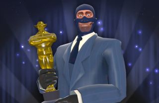 The Spy from Team Fortress 2 holding a Saxxy award.