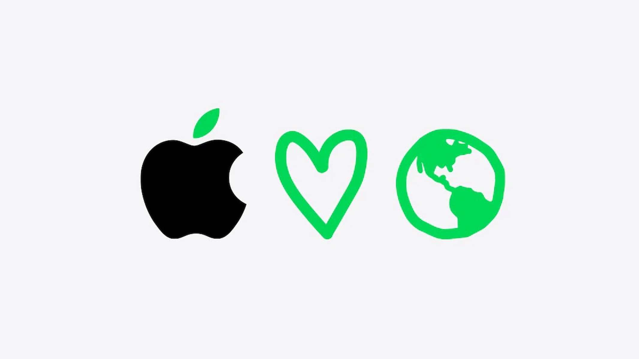 The Apple logo next to a green heart and a rough sketch of the globe