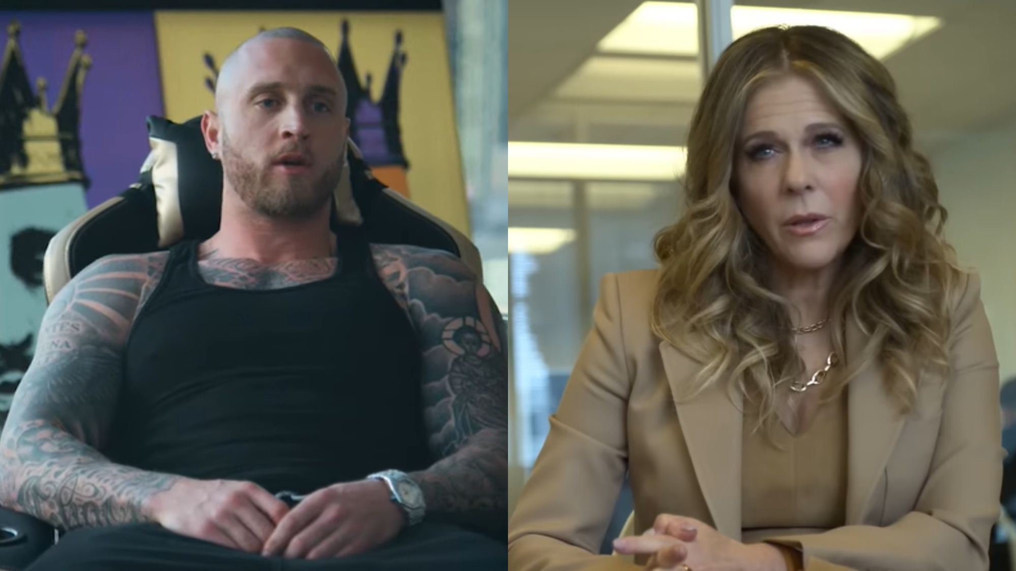 Right: Chet Hanks in Running Point. Left: Rita Wilson in Kimi.