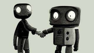 Two robots shaking hands.