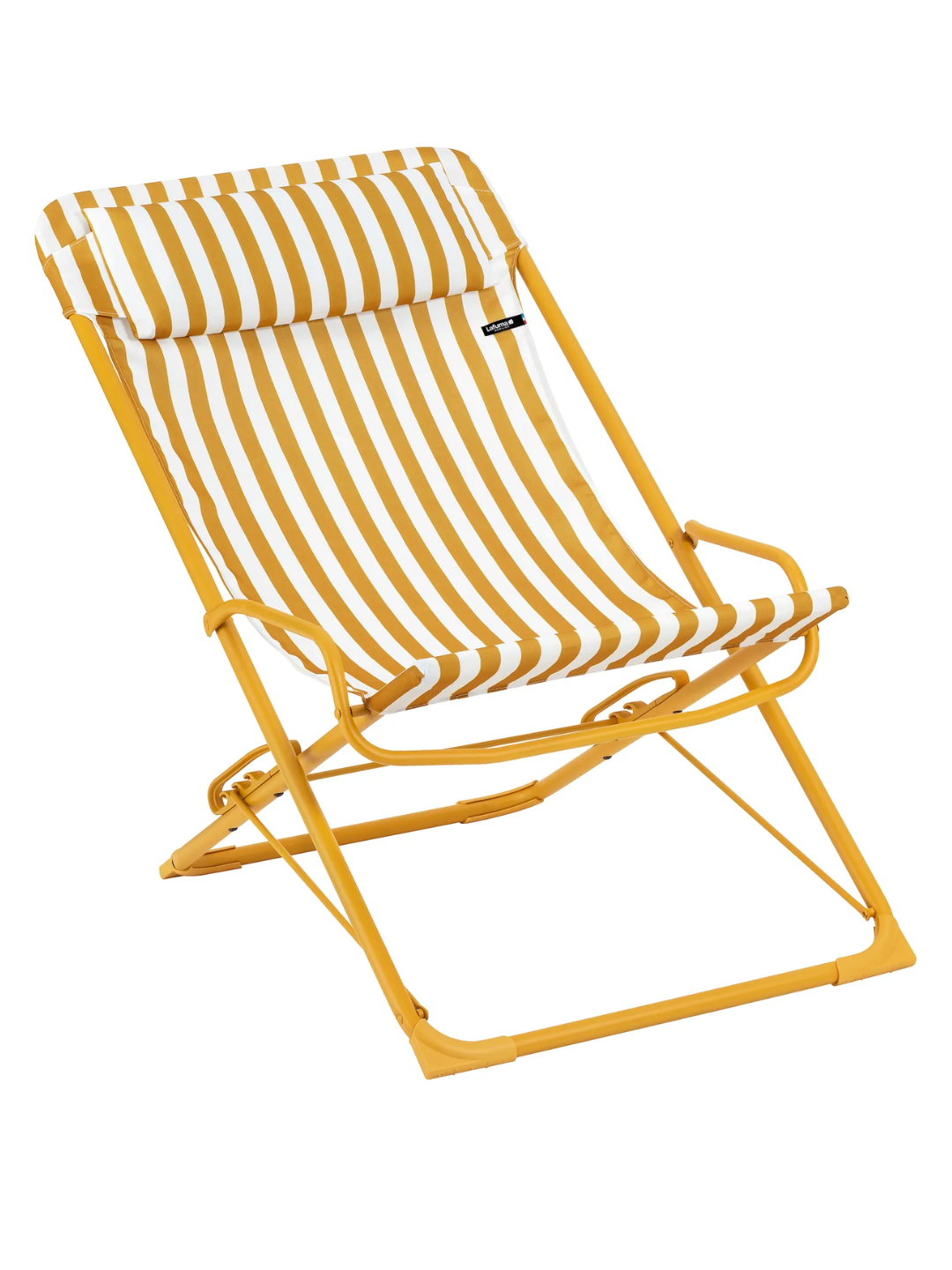 A foldout chair with a yellow and white stripe