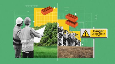 Illustration of architects surveying green space, grey belt land and construction