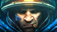 A screenshot of a Starcraft 2 cinematic where a grizzled space marine smoking a cigar looks toward the viewer.