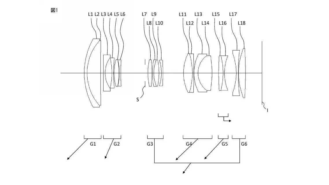 Nikon Patent Application: 24-200mm: Schematic diagram of a multi-lens optical system, detailing lens arrangement and light paths with labeled components.