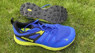 Closeup of Inov8 TrailTalon all-terrain running shoes with one sole showing, not being worn, on grass