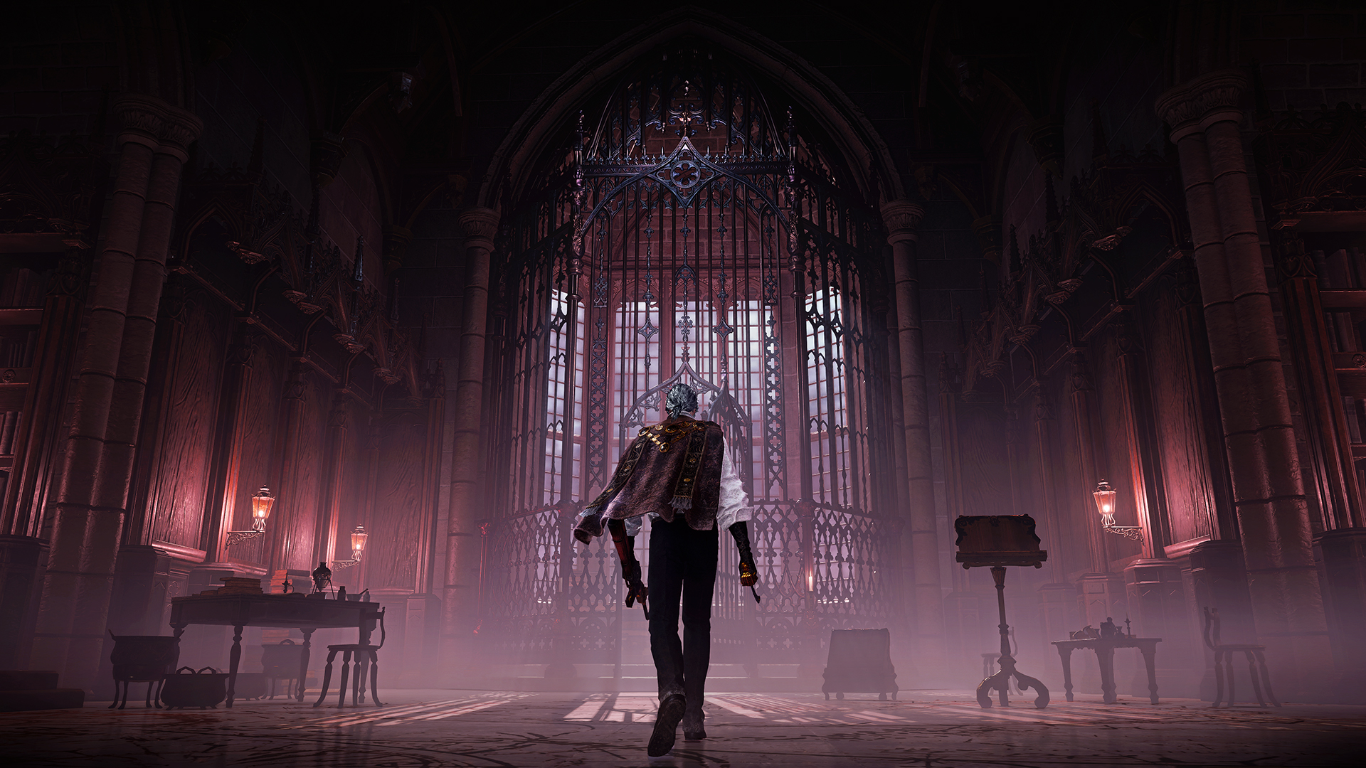 The Duskbloods screenshot featuring playable character Albert walking in a cathedral, illuminated red, with his back turned to the camera