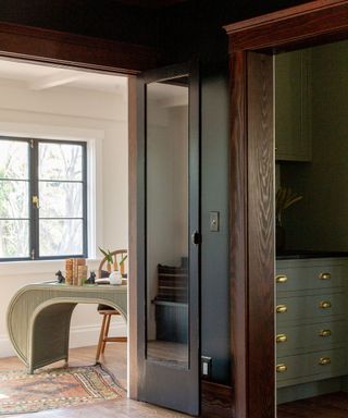 jamie haller interior designer view between two rooms both with connecting green color palette